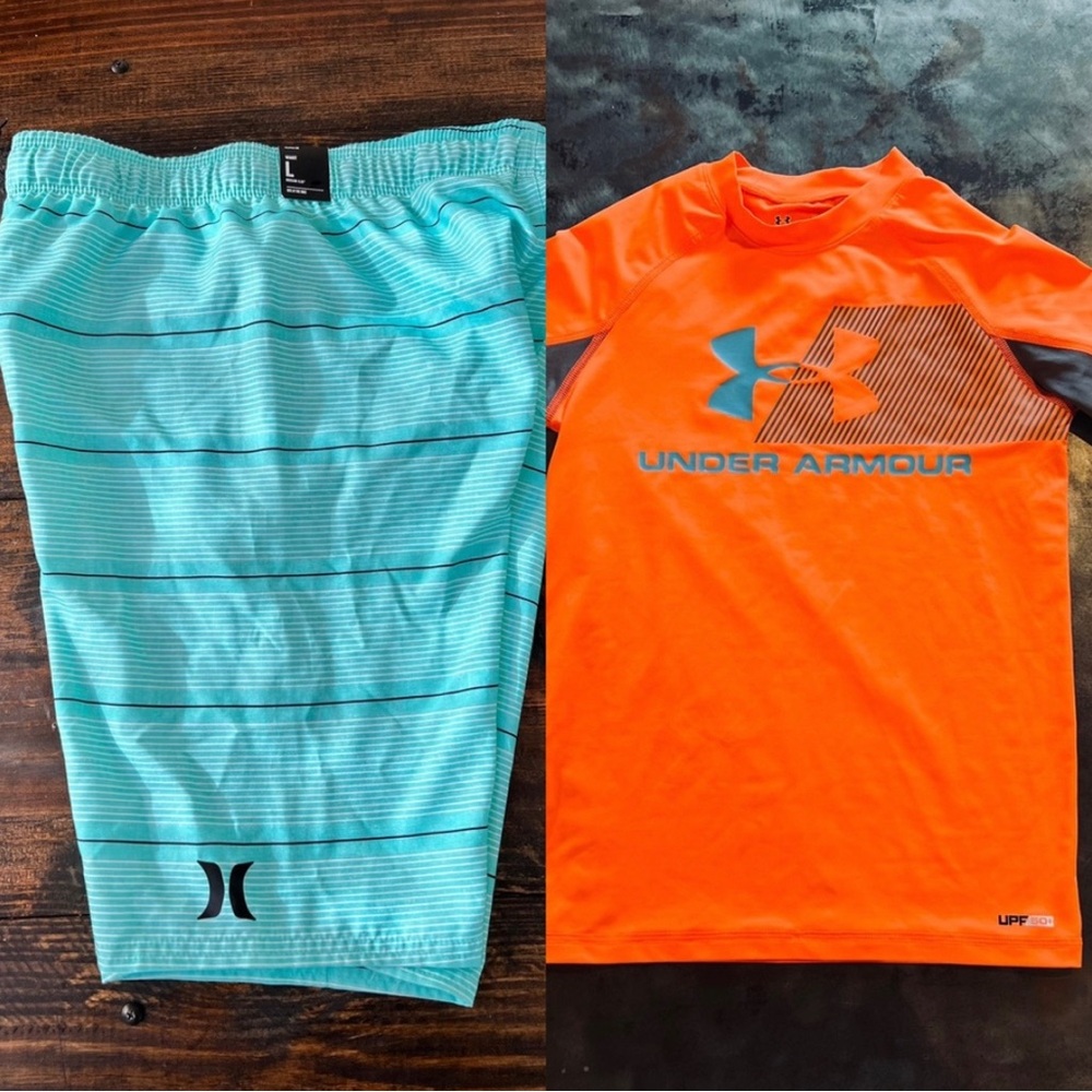 Hurley swim trunks and Under Armour Sun protection shirt